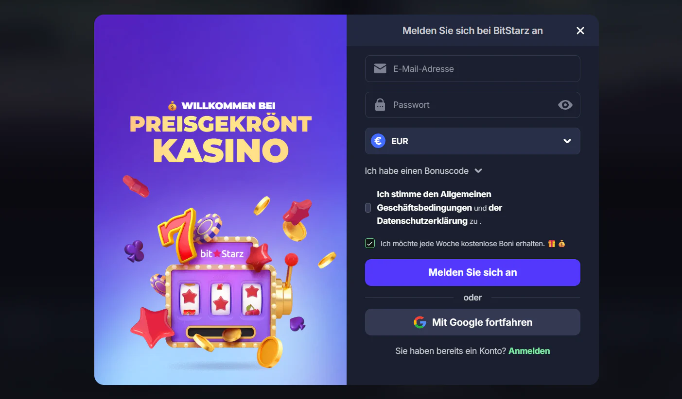 Bitstarz Casino Registrierungsformular mit E-Mail, Passwort und Währungsauswahl