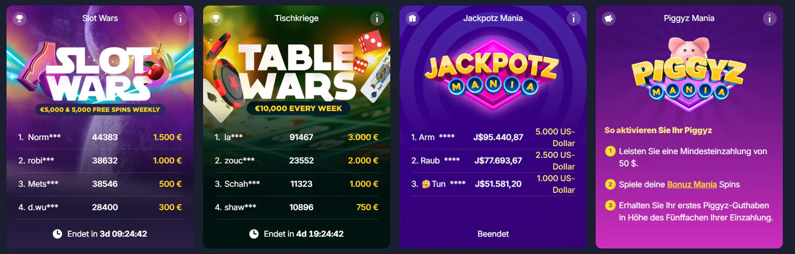 Bitstarz Casino Slot Wars, Tischkriege, Jackpotz Mania und Piggyz Mania Aktionen