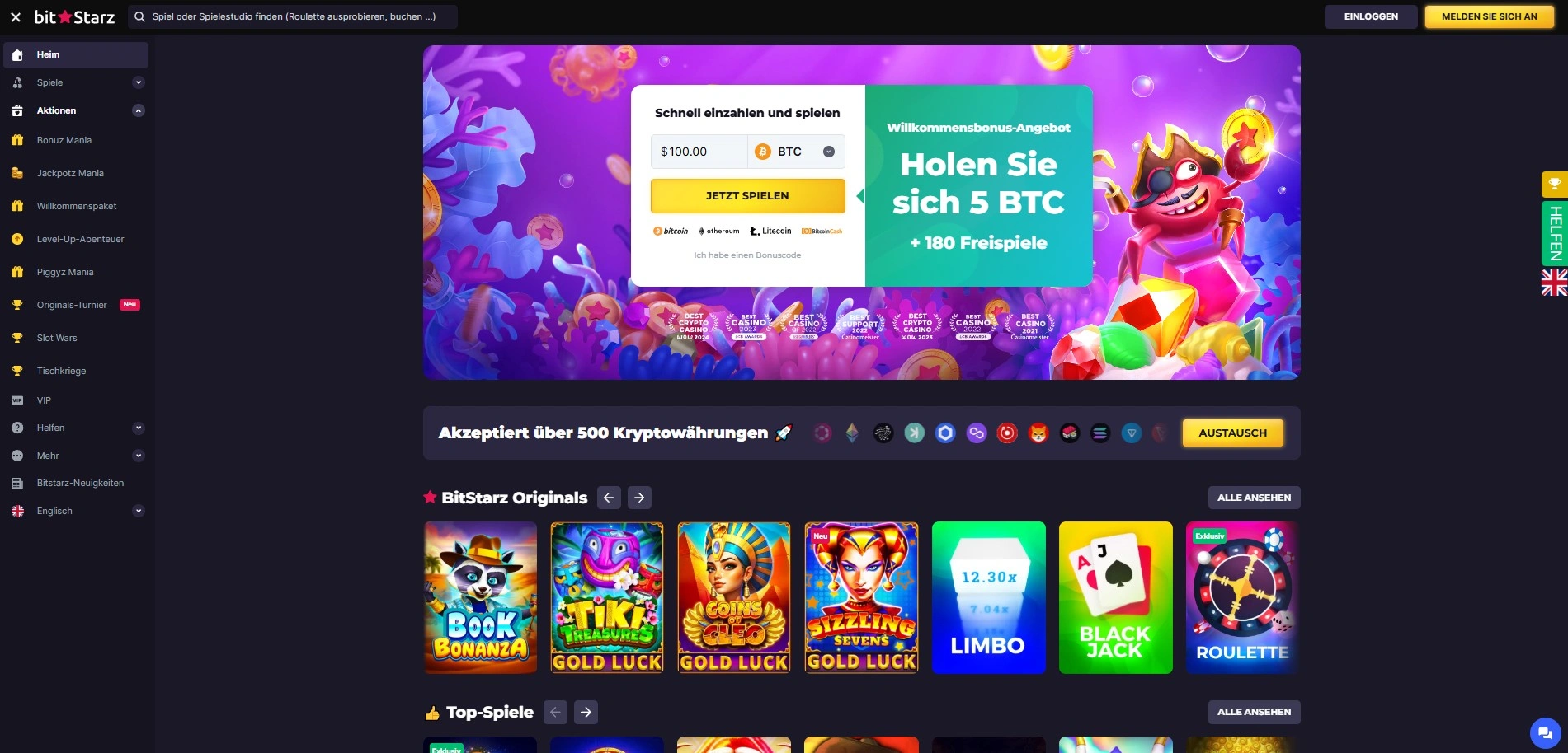 BitStarz Casino Startseite mit übersichtlicher Navigation und Spielkategorien